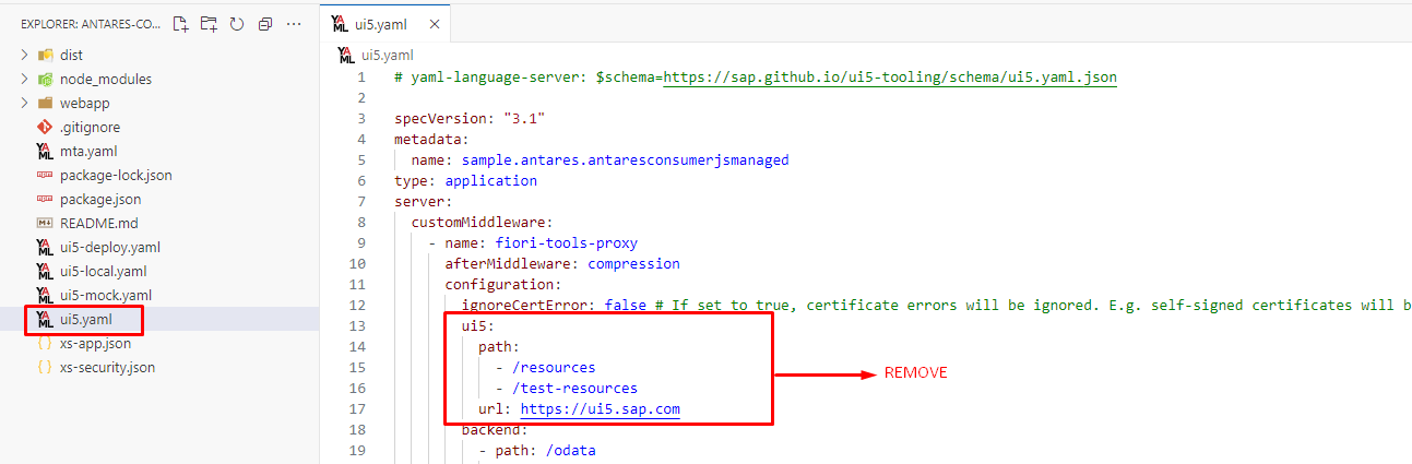 Remove fiori-tools-proxy ui5 config